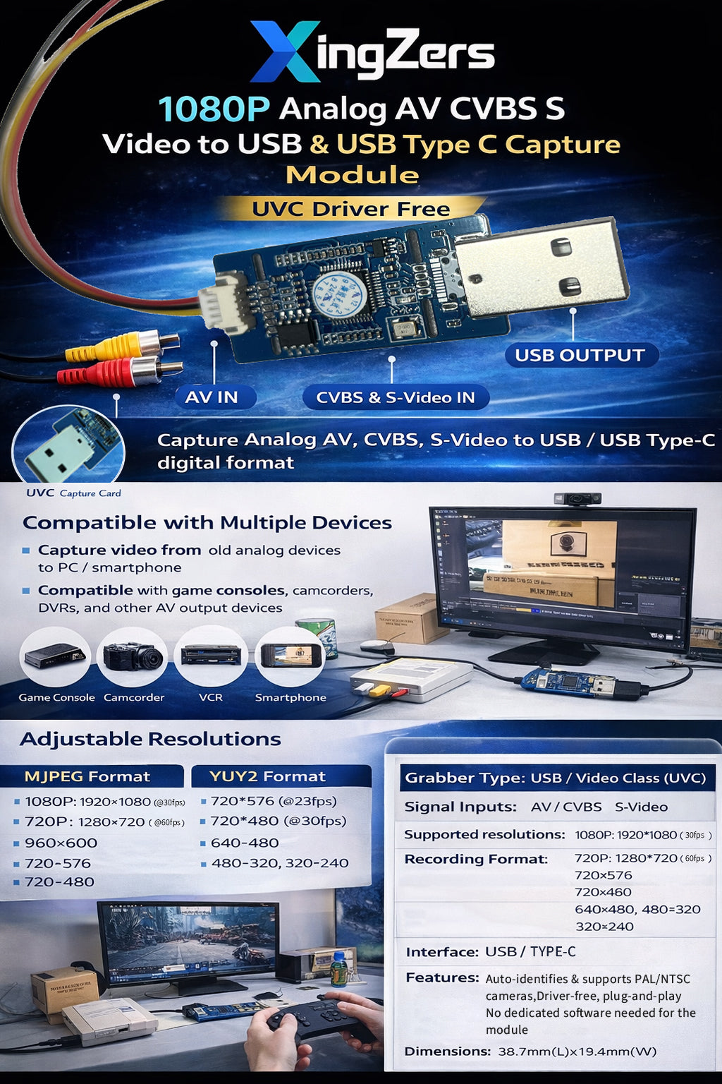 1080P Analog AV CVBS S Video to USB and USB Type C Capture Module UVC Driver Free - 产品详情图 1